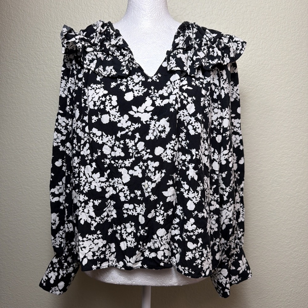 Zara Floral Ruffle Shirt Medium Womens Boho Flowy Pleated Balloon Sleeve Blouse - Picture 1 of 6
